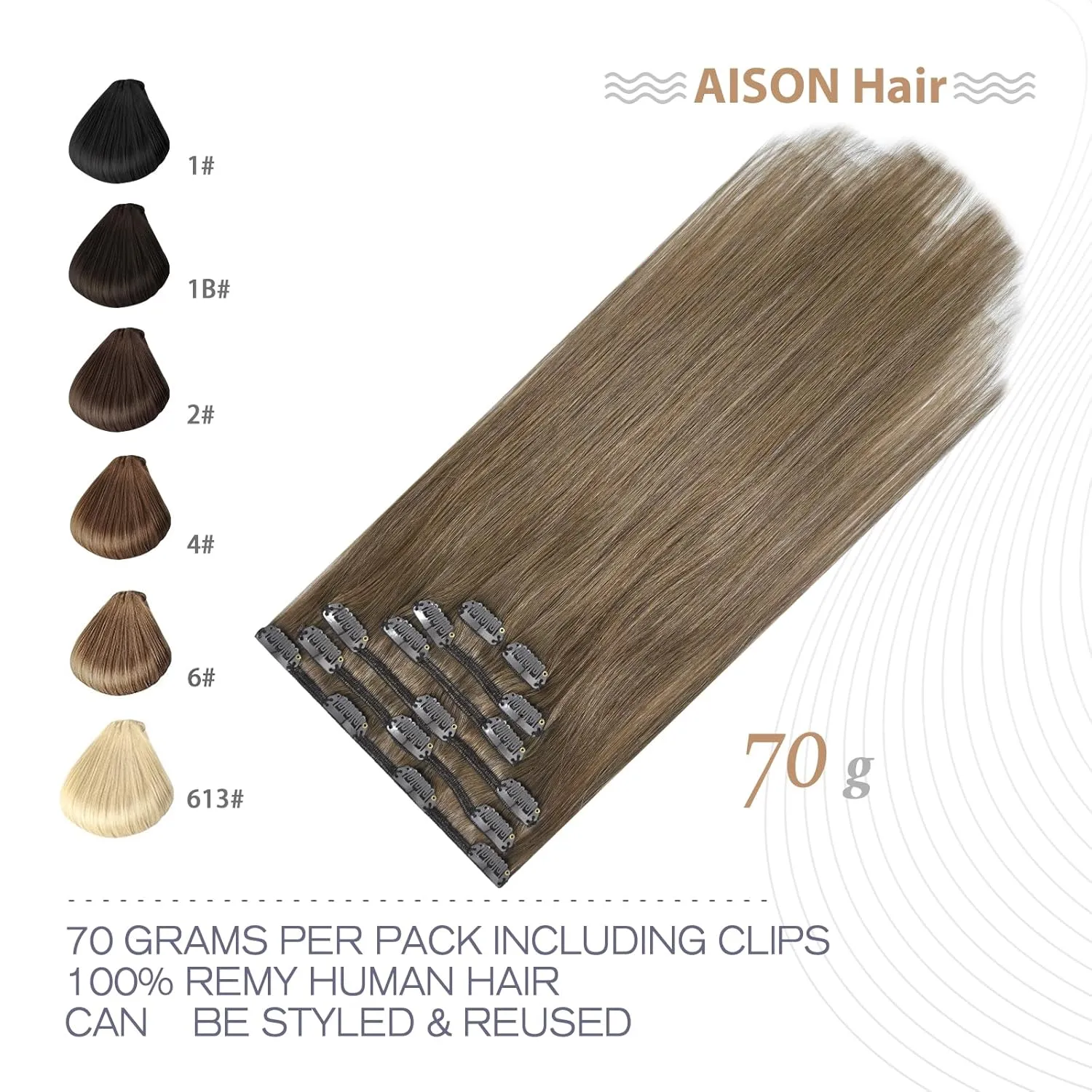 Aison Ash Brown Hair Extensions Real Human Hair Clip in 70G 100% Remy Human Hair Soft Silky Straight 7pcs 16clips One Pack (18 Inch #8)