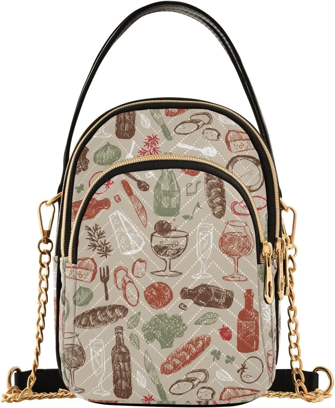 ALAZA Chain Crossbody Bags for Women Brown Sketch Tableware Quilted Shoulder Crossbody Handbags Travel Cross Body Cell Phone Purses Bags