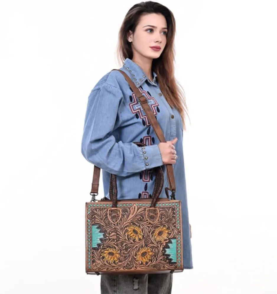 American Darling Tote Hand Tooled Genuine Leather women bag western handbag purse, Black