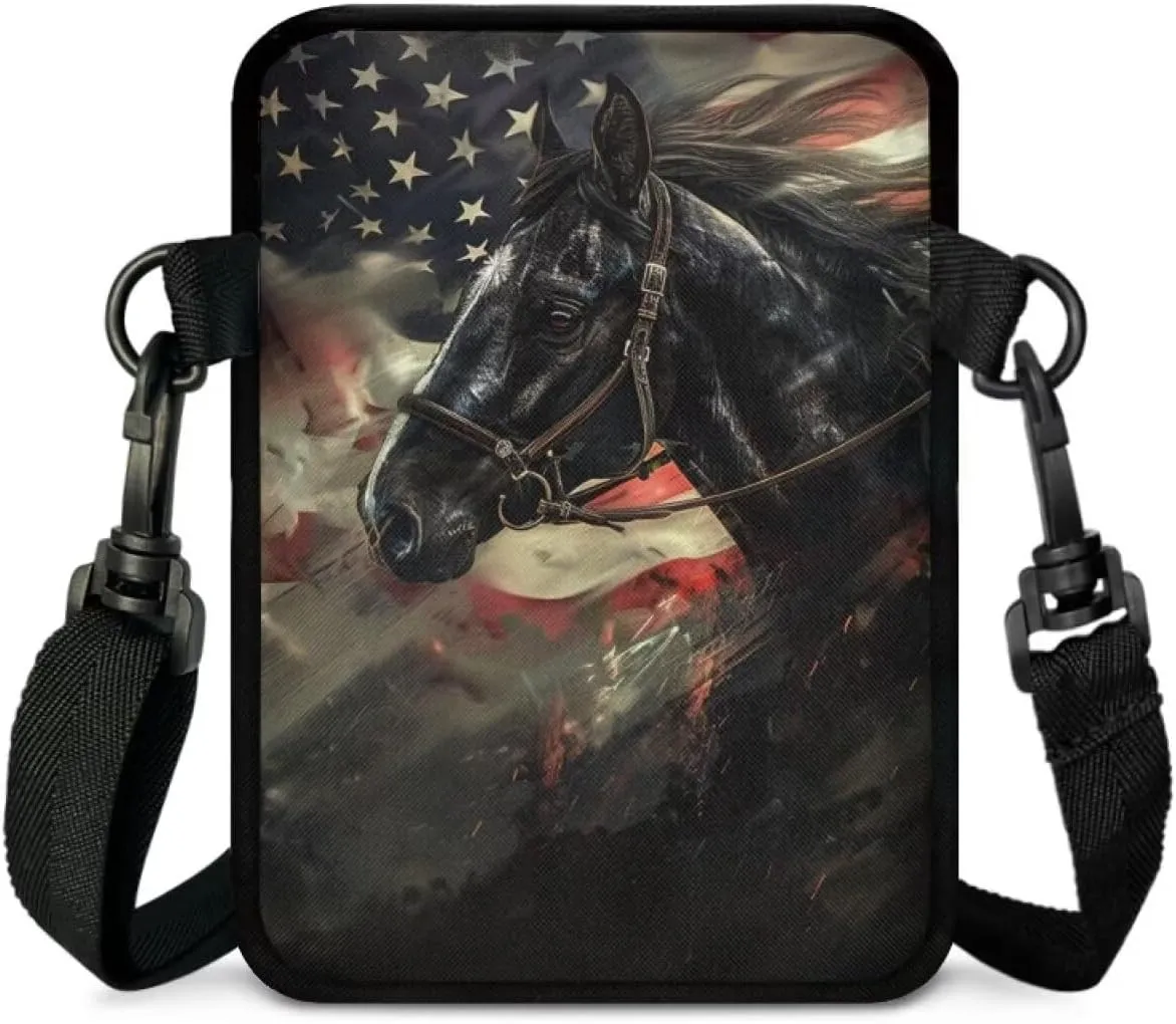 American Flag Horse Print Shoulder Bags, Mini Crossbody Bag Multi-Use Satchel Sling Bag Waist Fanny Pack Purse Wallet Bag for Kids Girls Boys