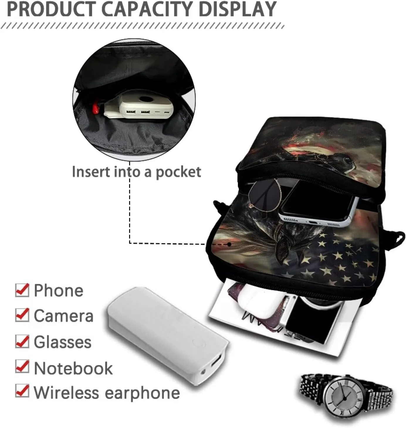 American Flag Horse Print Shoulder Bags, Mini Crossbody Bag Multi-Use Satchel Sling Bag Waist Fanny Pack Purse Wallet Bag for Kids Girls Boys