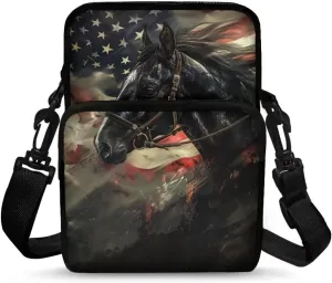 American Flag Horse Print Shoulder Bags, Mini Crossbody Bag Multi-Use Satchel Sling Bag Waist Fanny Pack Purse Wallet Bag for Kids Girls Boys