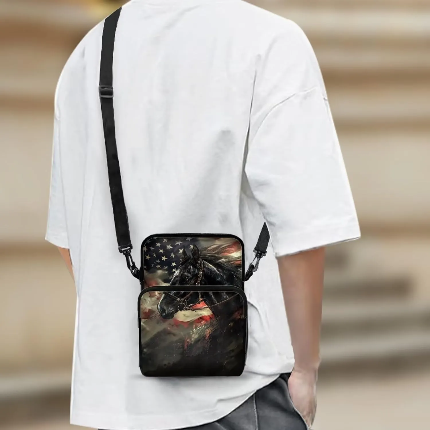 American Flag Horse Print Shoulder Bags, Mini Crossbody Bag Multi-Use Satchel Sling Bag Waist Fanny Pack Purse Wallet Bag for Kids Girls Boys