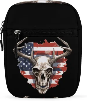 American Flag Skull Deer Small Crossbody Bag Mini Shoulder Bag Purse Travel Passport Wallet Bag for Women Men