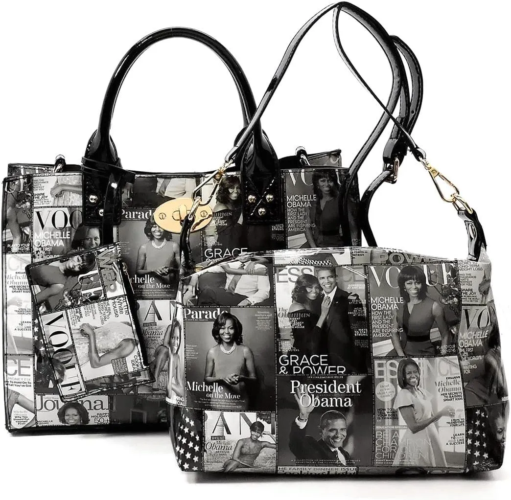 AMY&JOEY Glossy magazine cover collage crossbody bag purses Michelle Obama mini handbag (GREY/BLACK)