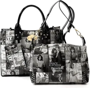 AMY&JOEY Glossy magazine cover collage crossbody bag purses Michelle Obama mini handbag (GREY/BLACK)