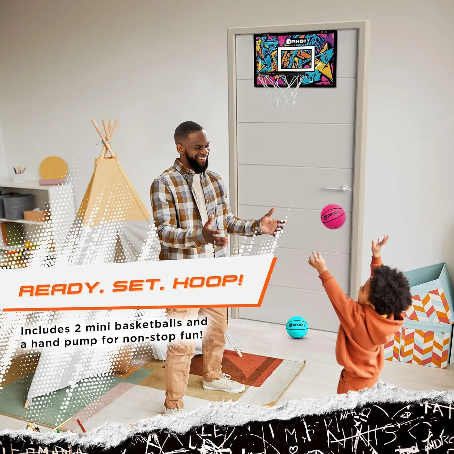 AND1 Over the Door Mini Basketball Hoop: 18x12 Shatterproof Backboard, 2 Mini Basketballs, and Hand Pump Included- Ultimate Indoor Basketball Accessory for Kids and Adults, No Tools Required