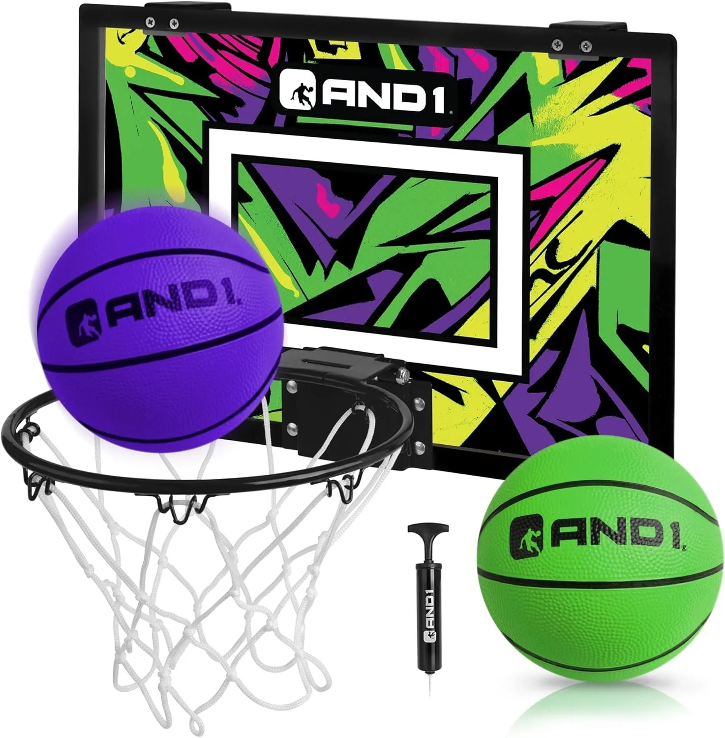 AND1 Over the Door Mini Basketball Hoop: 18x12 Shatterproof Backboard, 2 Mini Basketballs, and Hand Pump Included- Ultimate Indoor Basketball Accessory for Kids and Adults, No Tools Required