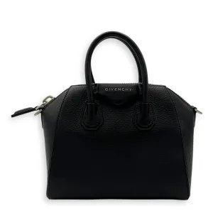Antigona Mini Black Top Handle Bag in Goat Leather, Silver hardware