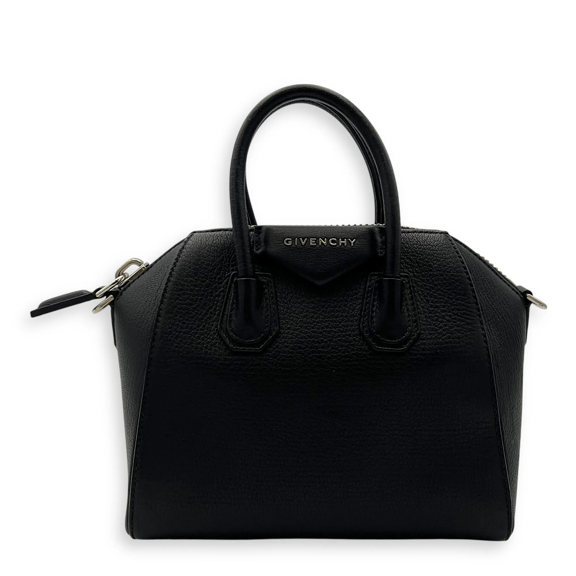 Antigona Mini Black Top Handle Bag in Goat Leather, Silver hardware