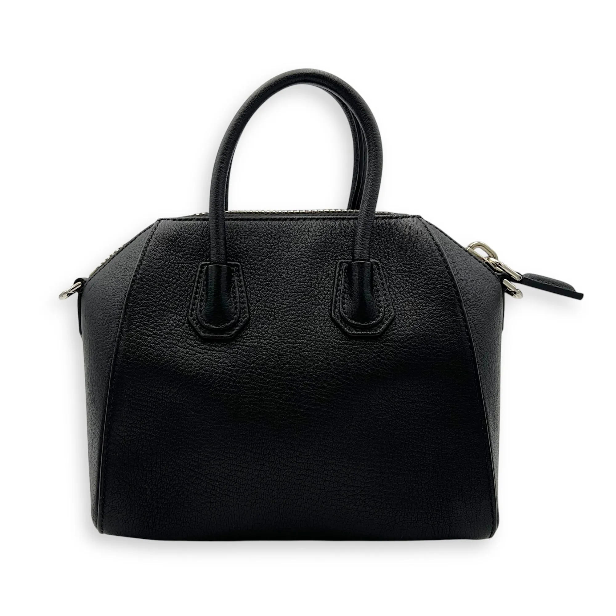 Antigona Mini Black Top Handle Bag in Goat Leather, Silver hardware