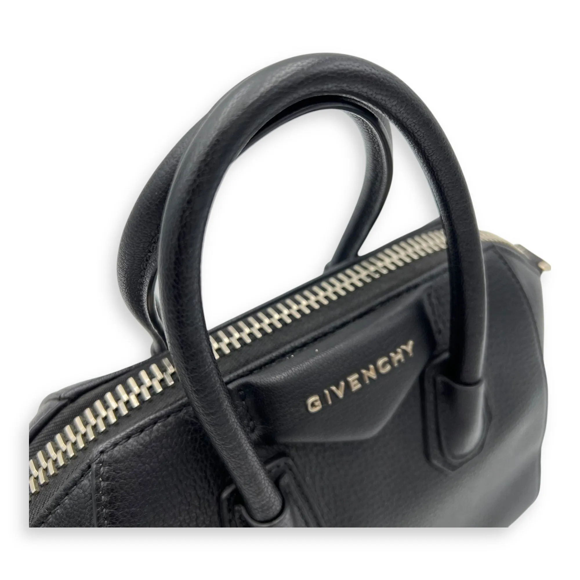 Antigona Mini Black Top Handle Bag in Goat Leather, Silver hardware