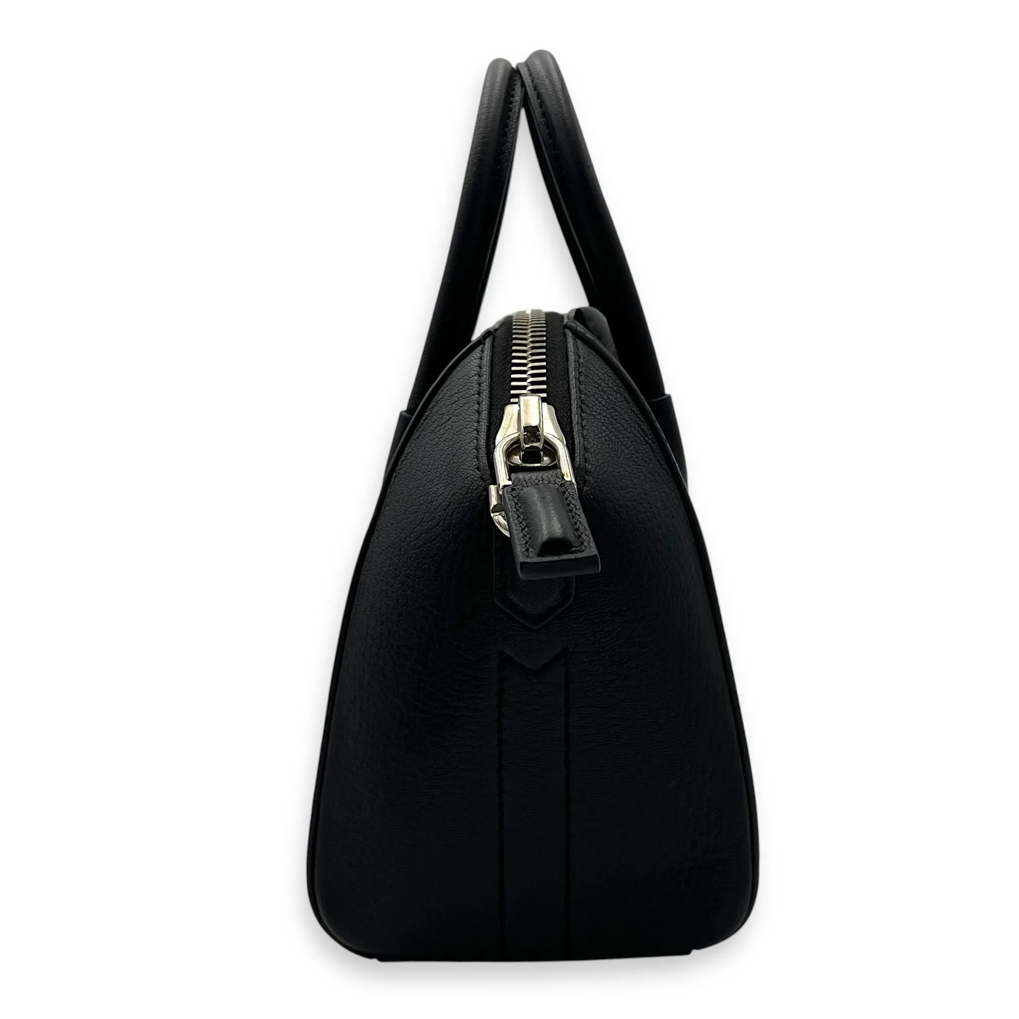 Antigona Mini Black Top Handle Bag in Goat Leather, Silver hardware