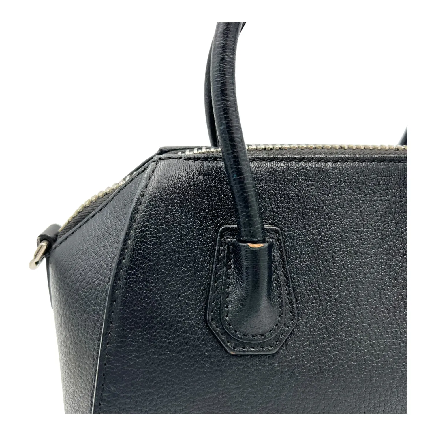 Antigona Mini Black Top Handle Bag in Goat Leather, Silver hardware