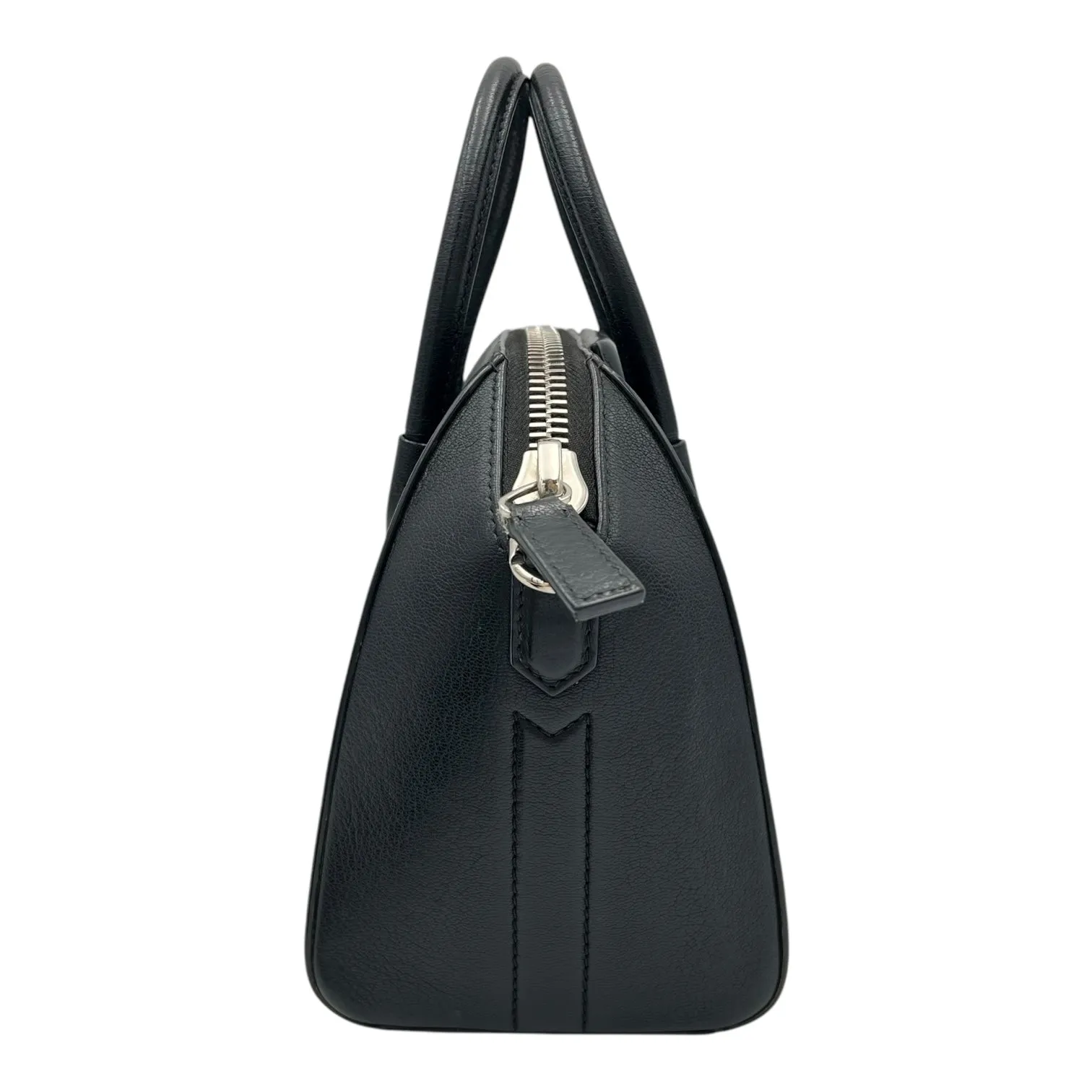 Antigona Mini Black Top Handle Bag in Goat Leather, Silver hardware
