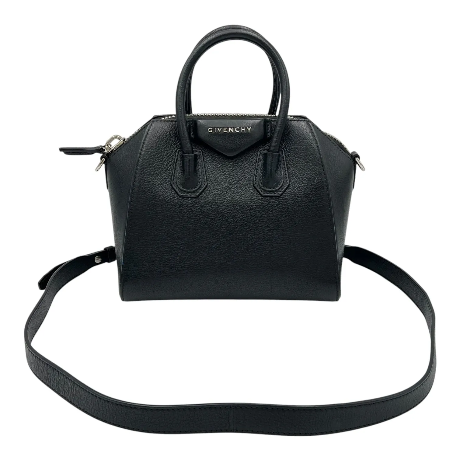 Antigona Mini Black Top Handle Bag in Goat Leather, Silver hardware