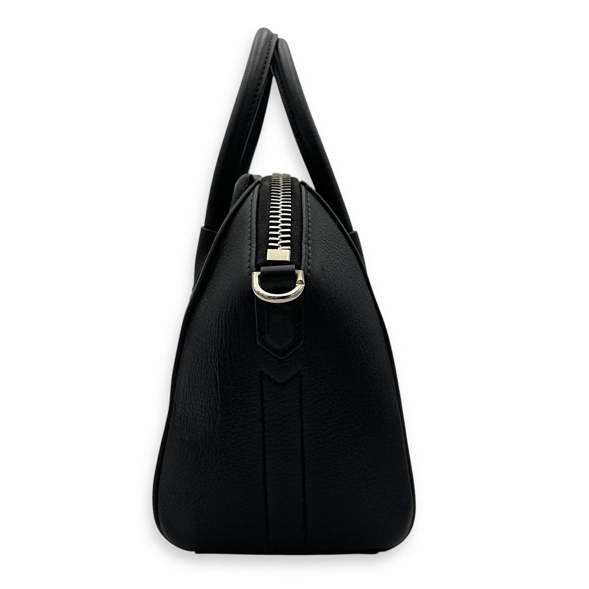 Antigona Mini Black Top Handle Bag in Goat Leather, Silver hardware