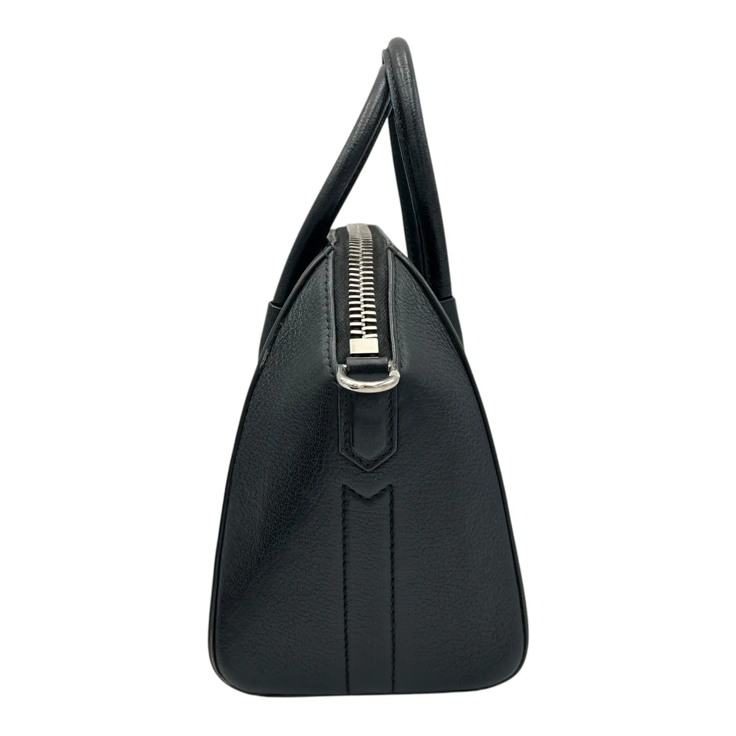 Antigona Mini Black Top Handle Bag in Goat Leather, Silver hardware