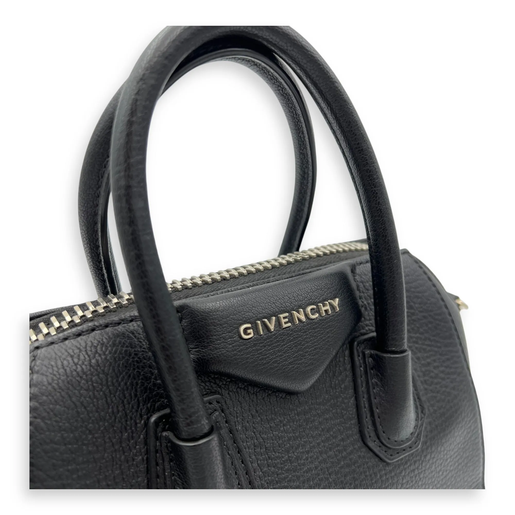 Antigona Mini Black Top Handle Bag in Goat Leather, Silver hardware