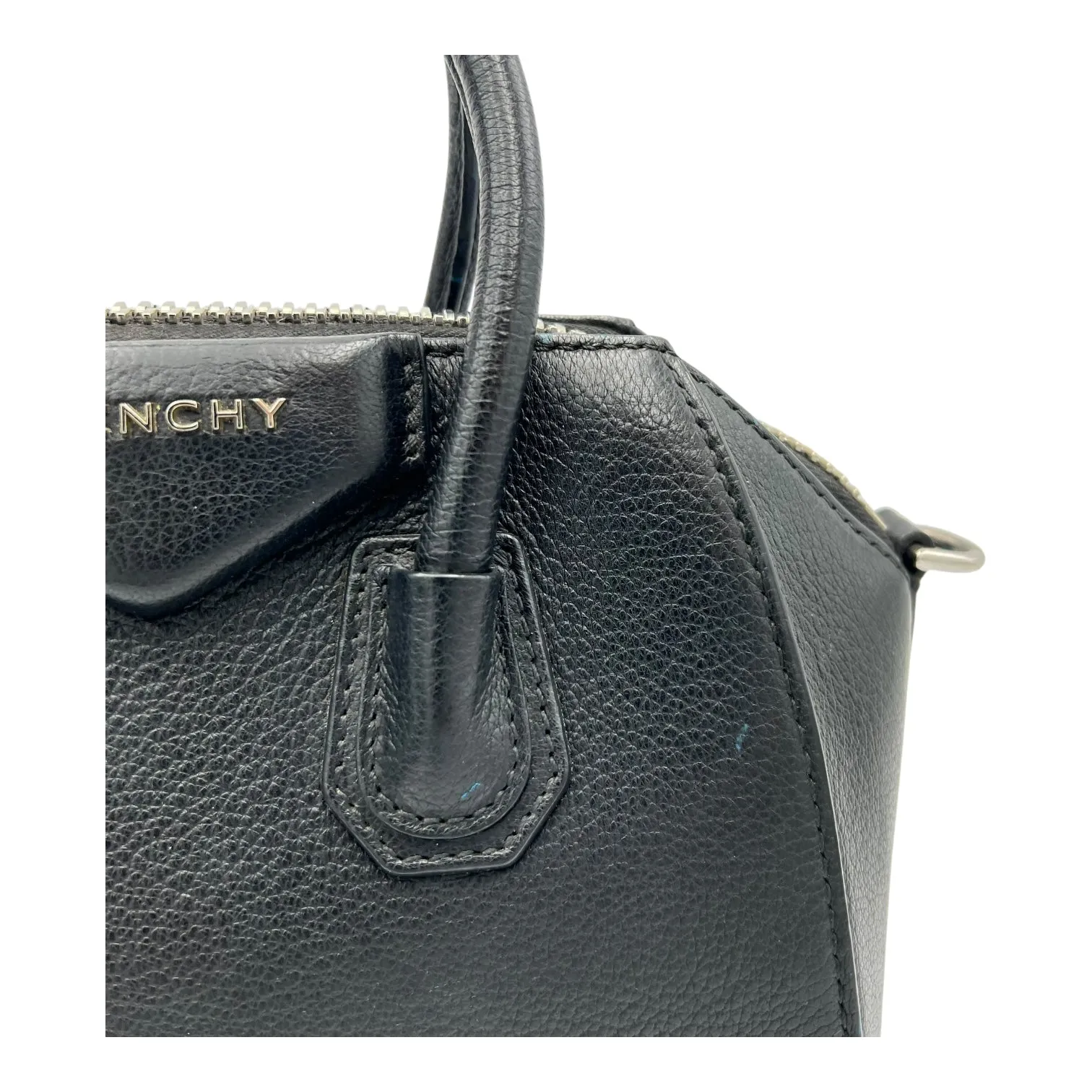 Antigona Mini Black Top Handle Bag in Goat Leather, Silver hardware