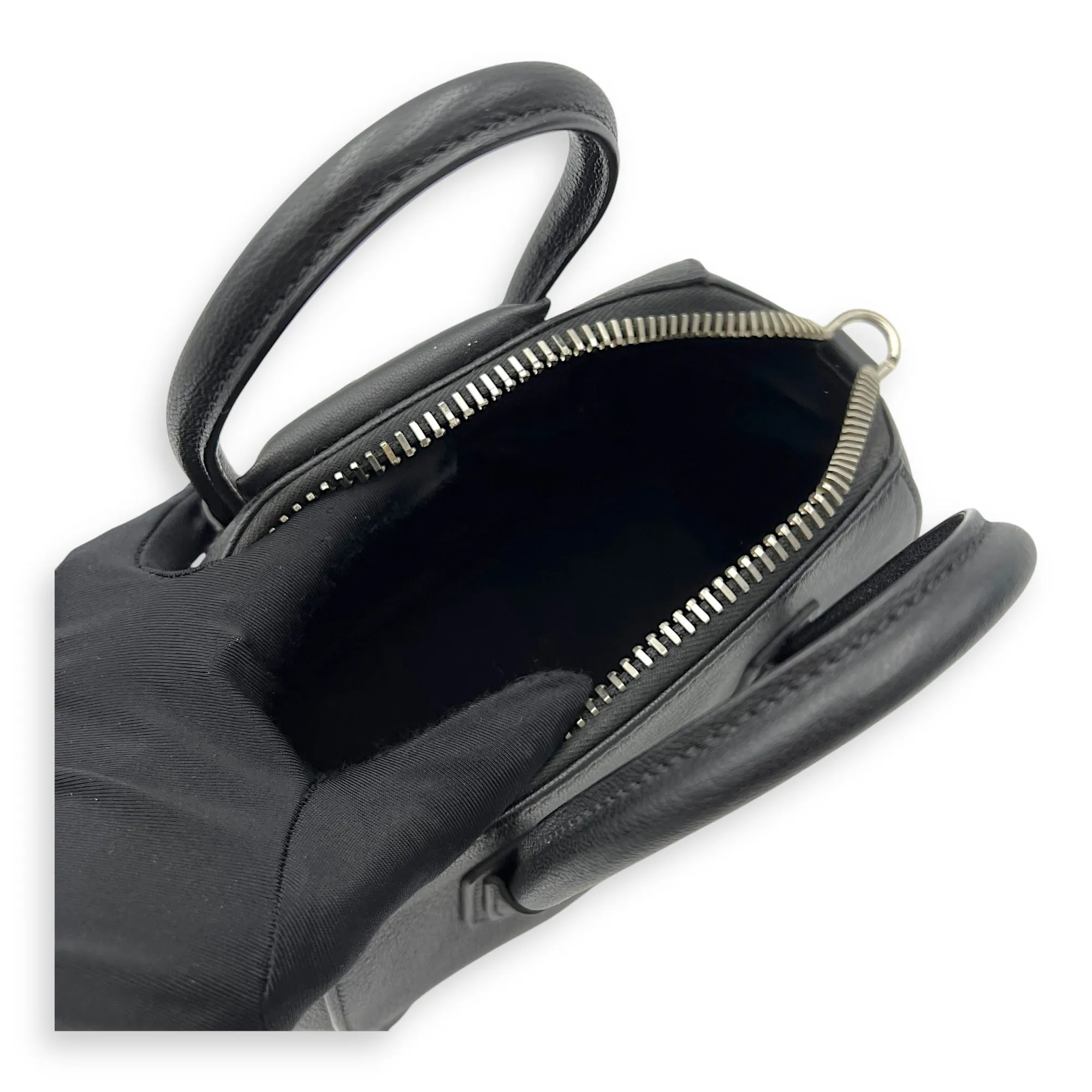 Antigona Mini Black Top Handle Bag in Goat Leather, Silver hardware