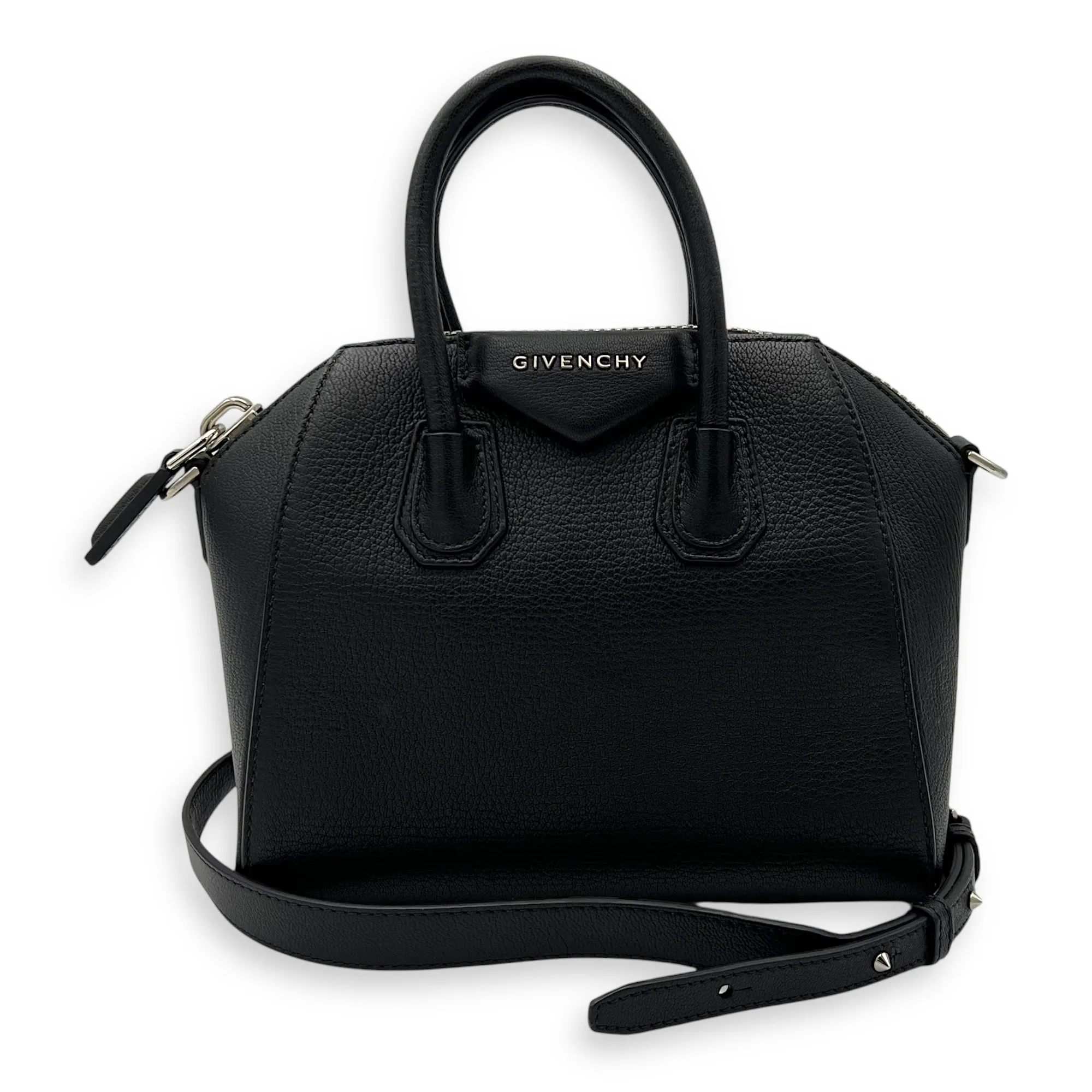Antigona Mini Black Top Handle Bag in Goat Leather, Silver hardware