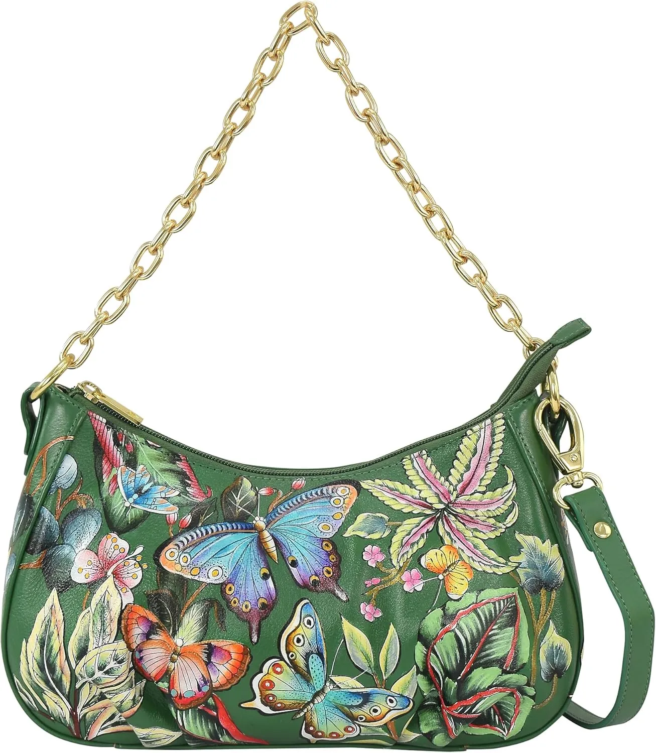 Anuschka Women’s Original Hand-Painted Genuine Leather Ruched East West Hobo With Chain, Made in India