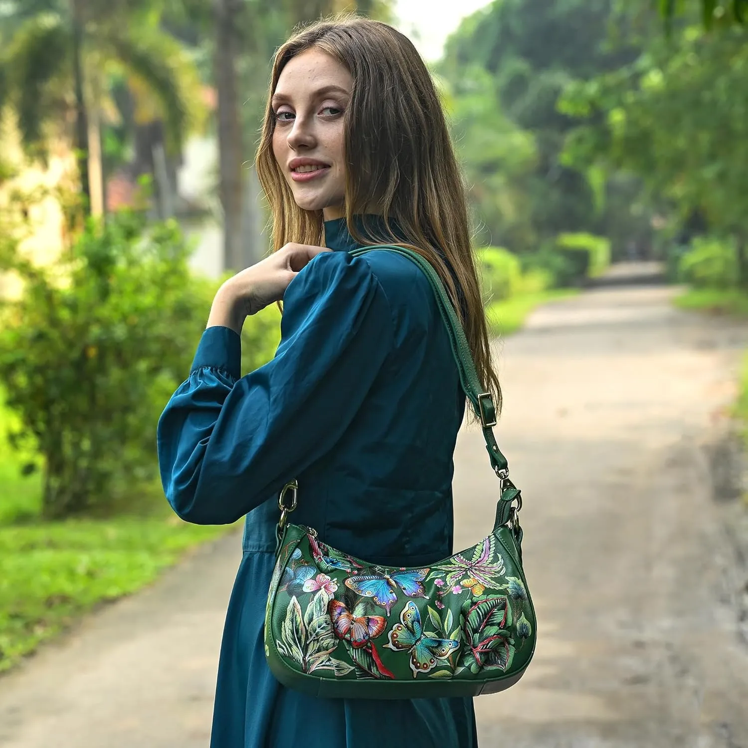 Anuschka Women’s Original Hand-Painted Genuine Leather Ruched East West Hobo With Chain, Made in India