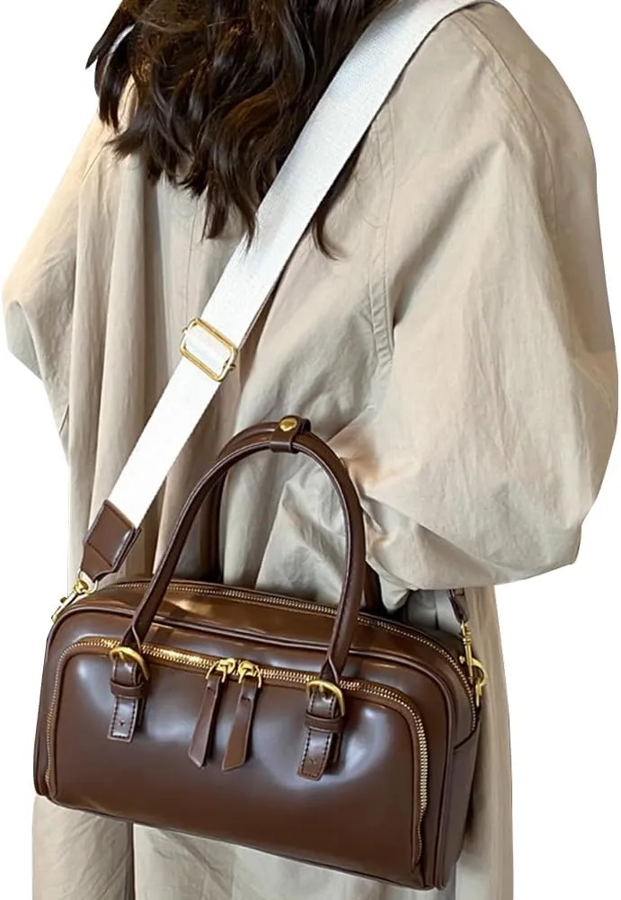 Arcadie PU Leather Top Handle Bag Multi-Pocket Bowling Bag Hobo Boston Tote Crossbody Shoulder Bag for Work Travel