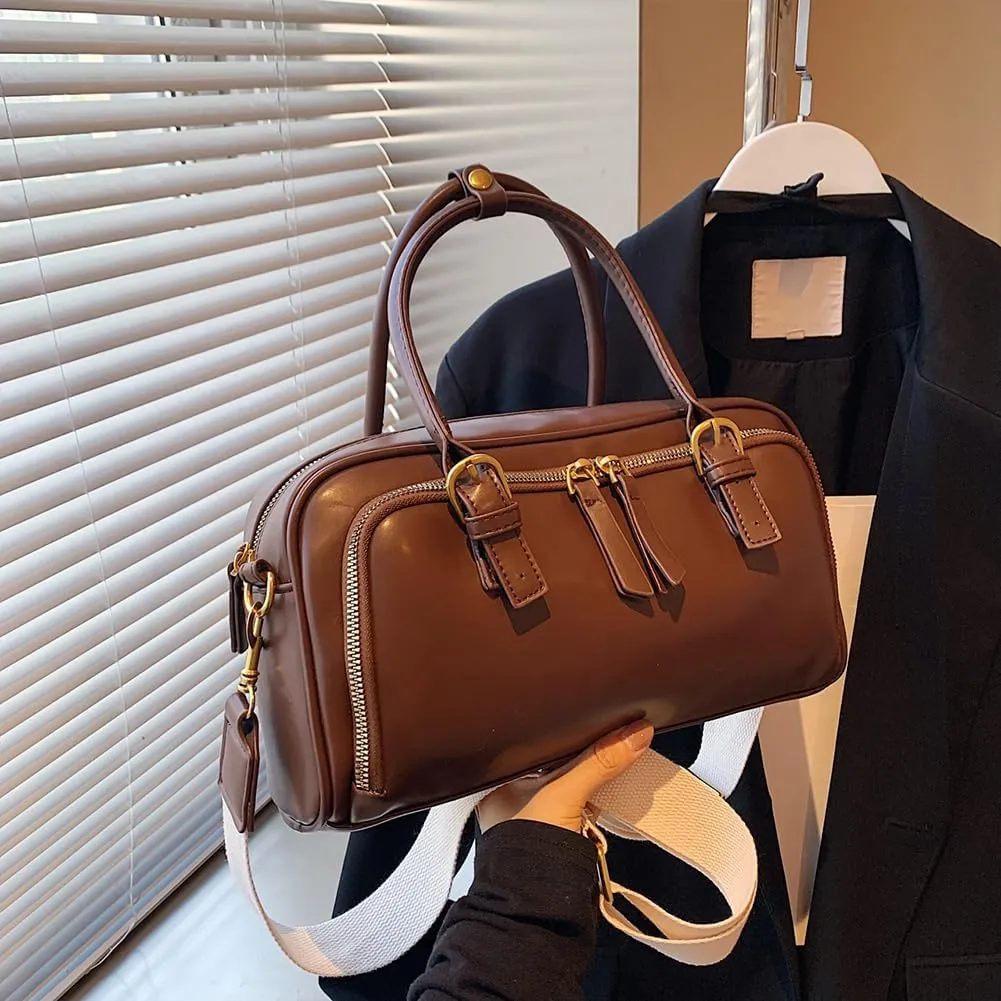 Arcadie PU Leather Top Handle Bag Multi-Pocket Bowling Bag Hobo Boston Tote Crossbody Shoulder Bag for Work Travel