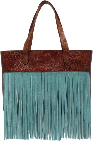 ARIAT Women's Claire Western Tote, Floral Tooling, Turquoise Fringe, Concealed Carry, 15.5x11.5x3.5 inches