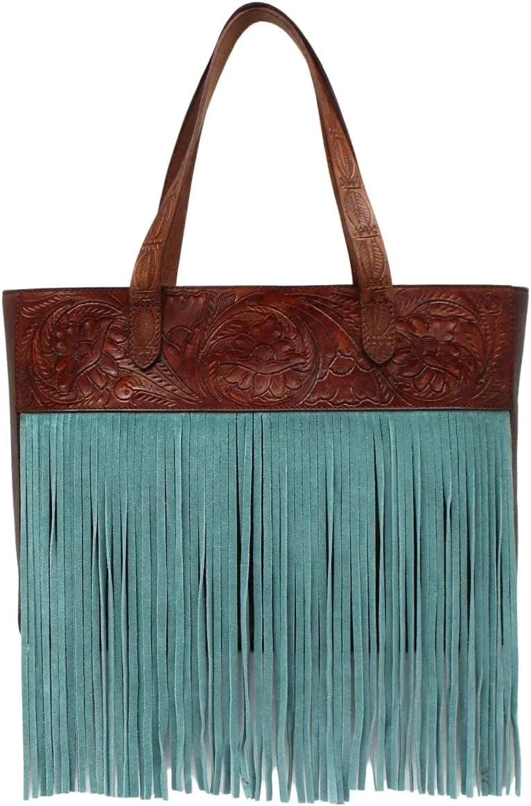 ARIAT Women's Claire Western Tote, Floral Tooling, Turquoise Fringe, Concealed Carry, 15.5x11.5x3.5 inches