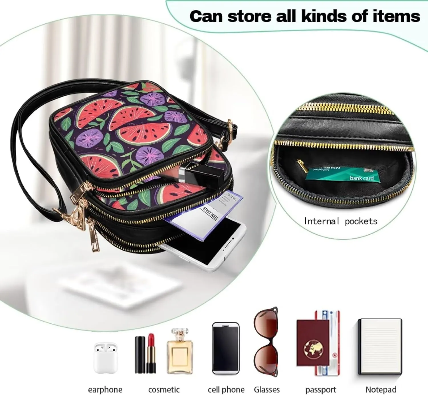 Attractive Print Womens Crossbody Bag with Strap Pockets Zipper for Travel Everyday Use