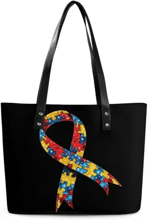 Autism Awareness Ribbon Women's Tote Shoulder Bag Handbag Top Handle Leather 29 * 34 * 14cm