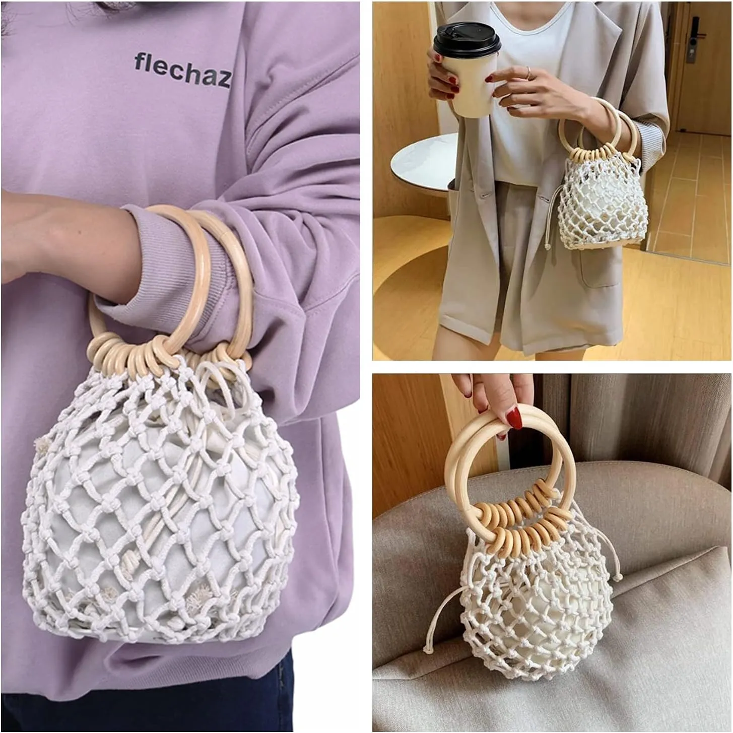 Ayliss Women Mini Clutch Tote Handbag Top-handle Bucket Drawstring Handbag Beach Woven Handmade Fishing Net Bag Pouch Purse