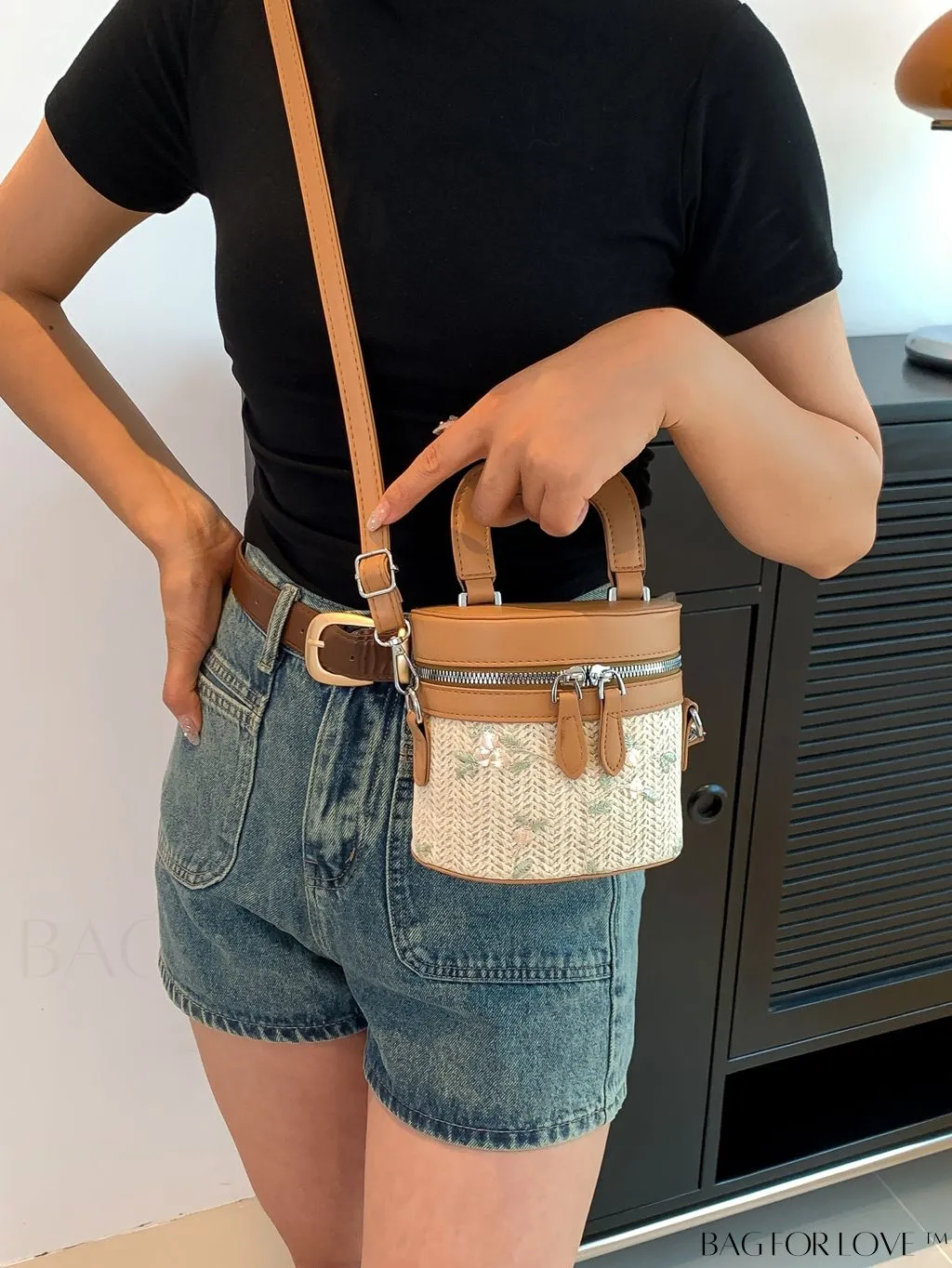 BagForLove - Adjustable Shoulder Strap Holiday Style Woven Tote Bag with Mini Color Block & Flower Pattern