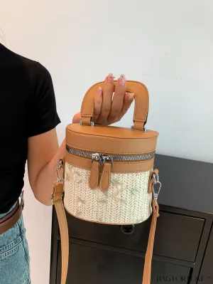 BagForLove - Adjustable Shoulder Strap Holiday Style Woven Tote Bag with Mini Color Block & Flower Pattern