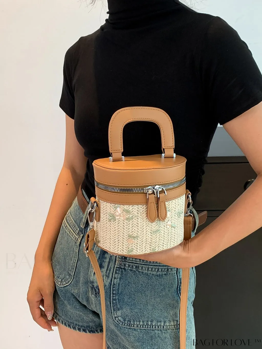 BagForLove - Adjustable Shoulder Strap Holiday Style Woven Tote Bag with Mini Color Block & Flower Pattern