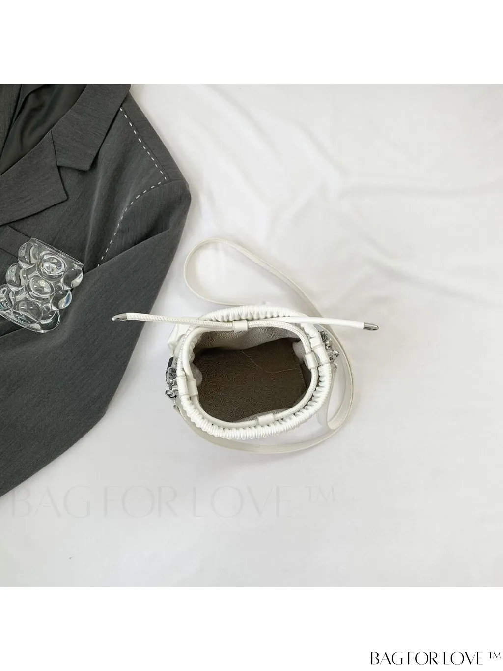 BagForLove - Chic Black Pleated Drawstring Bucket Bag with Stylish Metallic Chain Handle