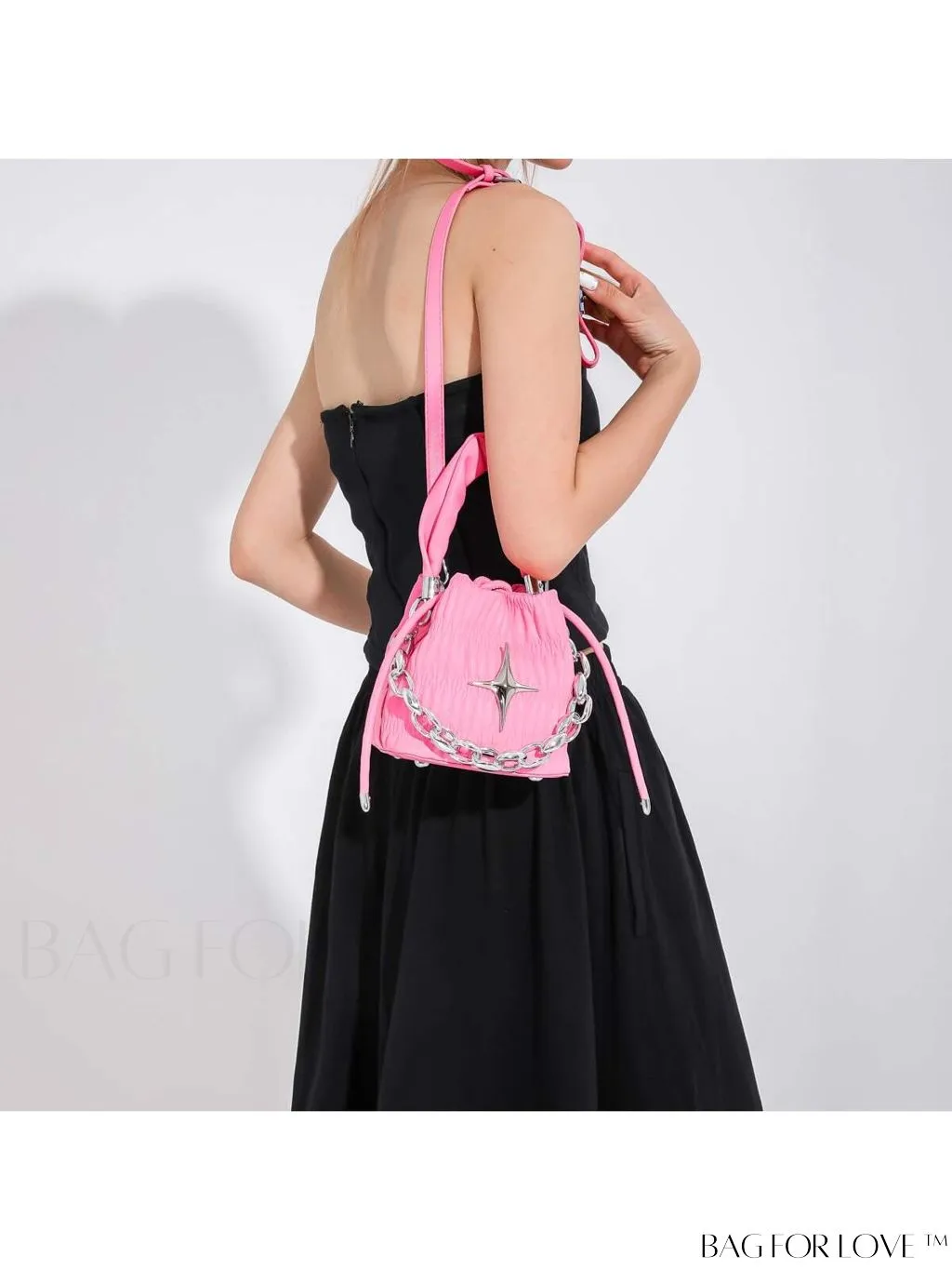 BagForLove - Chic Black Pleated Drawstring Bucket Bag with Stylish Metallic Chain Handle