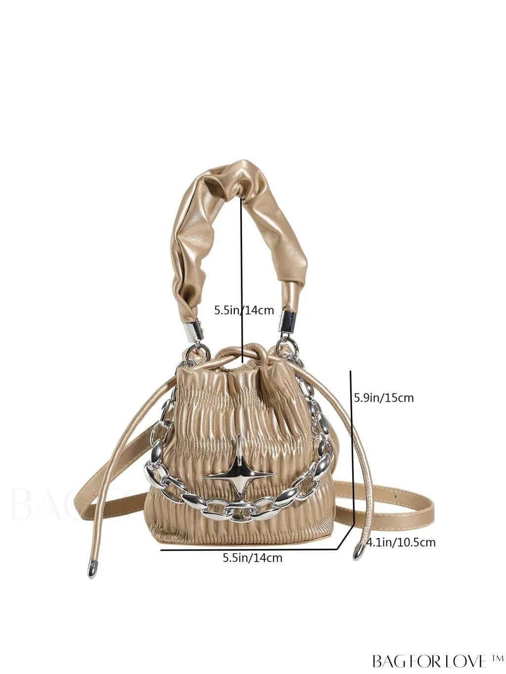 BagForLove - Chic Black Pleated Drawstring Bucket Bag with Stylish Metallic Chain Handle