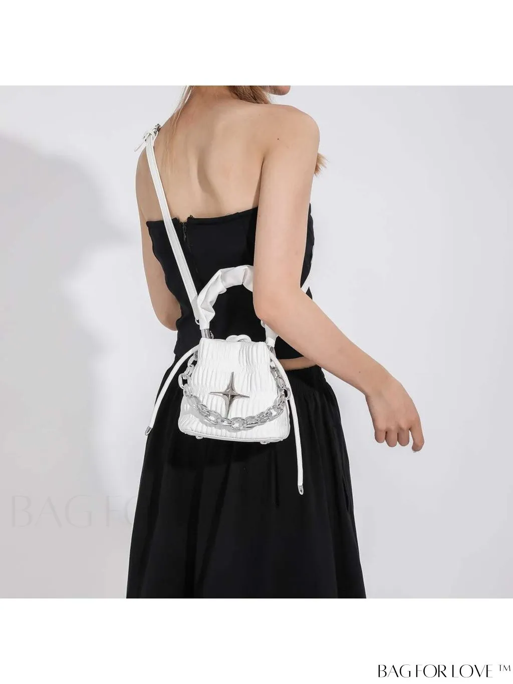 BagForLove - Chic Black Pleated Drawstring Bucket Bag with Stylish Metallic Chain Handle