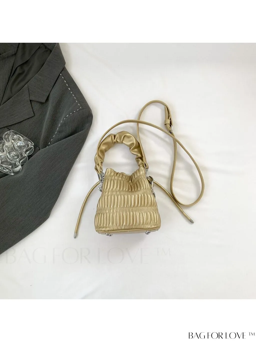 BagForLove - Chic Black Pleated Drawstring Bucket Bag with Stylish Metallic Chain Handle