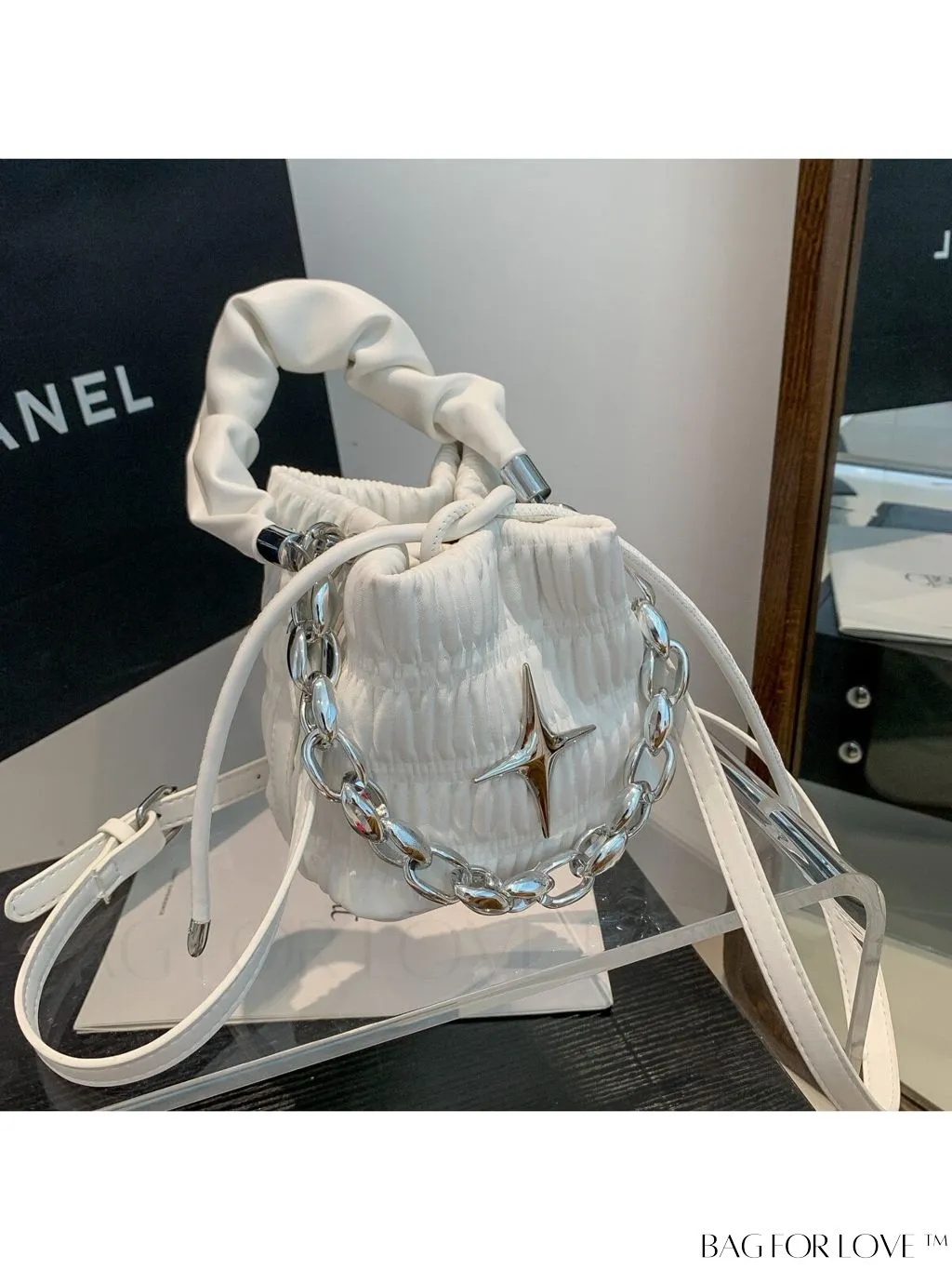 BagForLove - Chic Black Pleated Drawstring Bucket Bag with Stylish Metallic Chain Handle