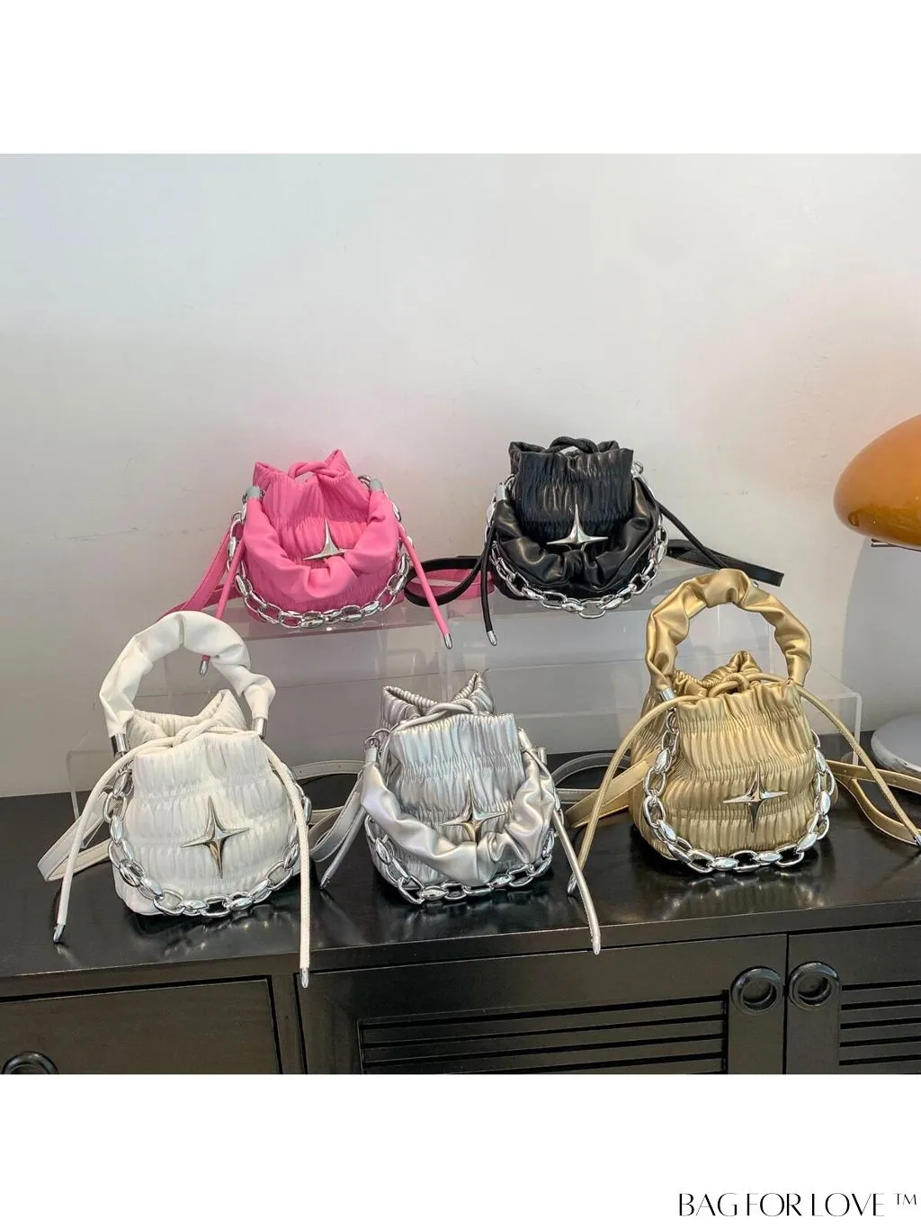 BagForLove - Chic Black Pleated Drawstring Bucket Bag with Stylish Metallic Chain Handle