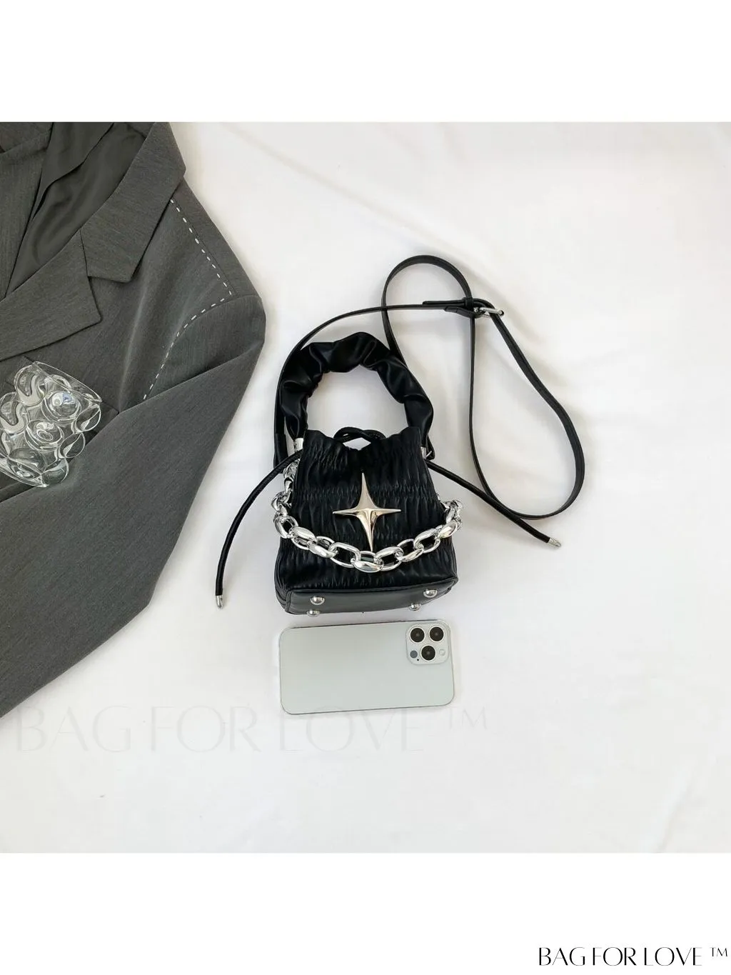 BagForLove - Chic Black Pleated Drawstring Bucket Bag with Stylish Metallic Chain Handle