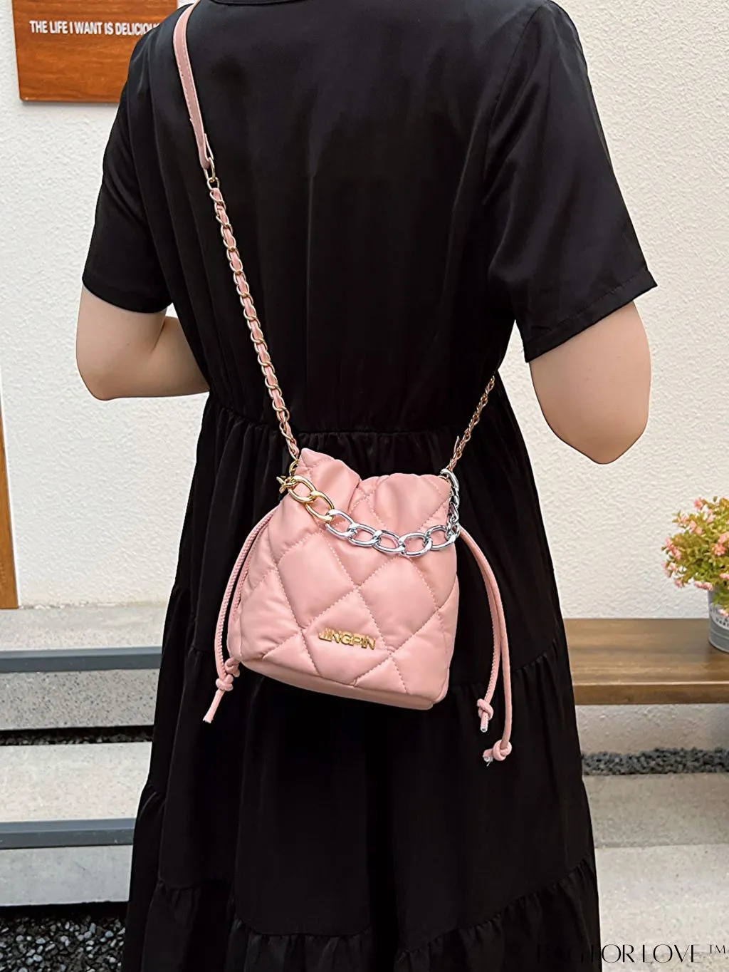 BagForLove - Chic Mini Tote Bag with Fashionable Letter Patches, Stitching & Drawstring Design