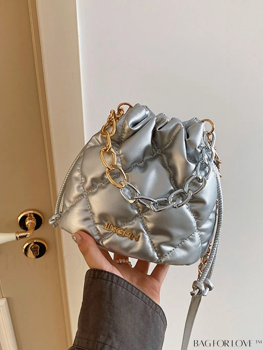 BagForLove - Chic Mini Tote Bag with Fashionable Letter Patches, Stitching & Drawstring Design