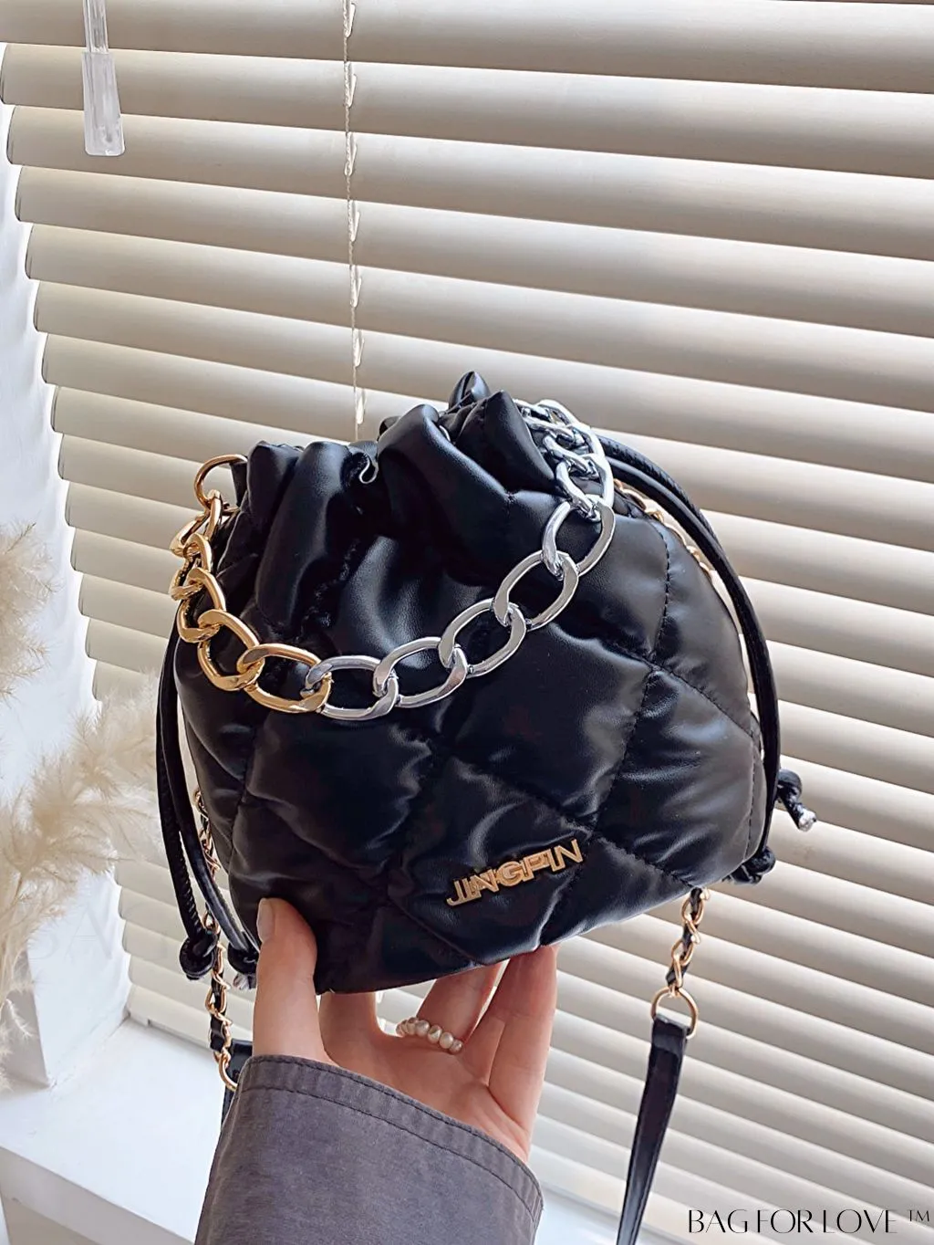 BagForLove - Chic Mini Tote Bag with Fashionable Letter Patches, Stitching & Drawstring Design