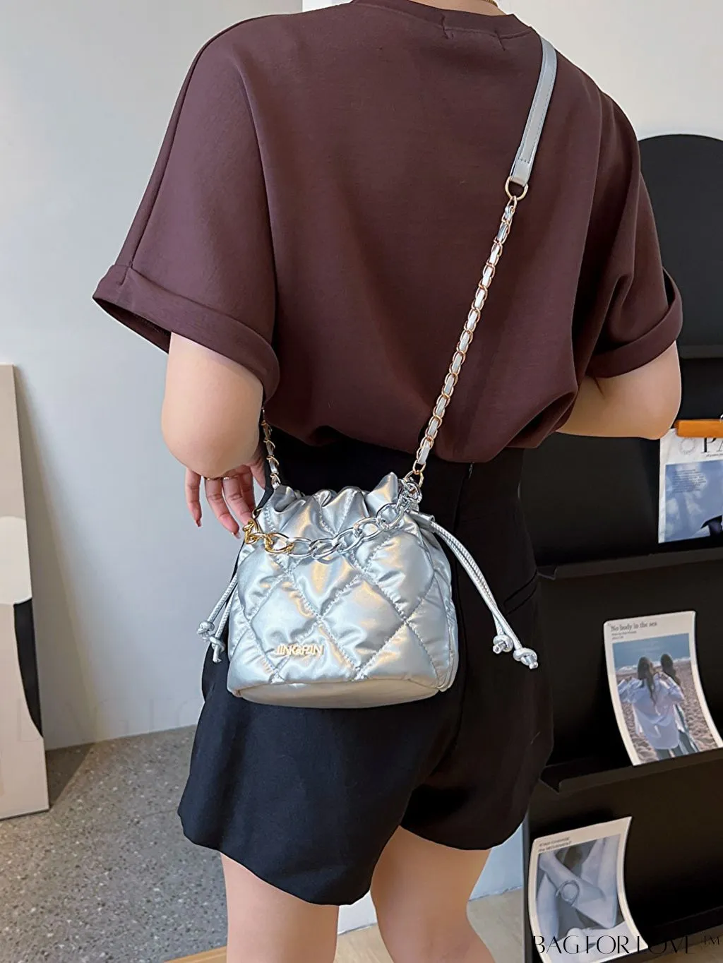 BagForLove - Chic Mini Tote Bag with Fashionable Letter Patches, Stitching & Drawstring Design